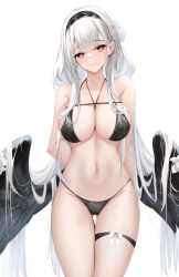 Rule 34 | 1girl, absurdres, arms behind back, azur lane, bare shoulders, bikini, black bikini, black hairband, black wings, breasts, cleavage, closed mouth, collarbone, cowboy shot, flower, gluteal fold, grey hair, hair flower, hair ornament, hairband, highres, large breasts, long hair, looking at viewer, low wings, navel, red eyes, scylla (azur lane), simple background, smile, solo, stomach, swimsuit, thigh gap, thigh strap, touxing no diluka, very long hair, white background, white flower, wings