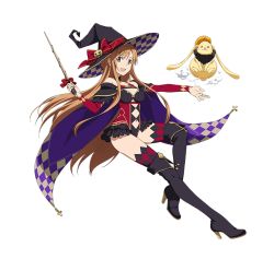 Rule 34 | 1girl, :d, asuna (sao), black footwear, black hat, black leotard, boots, breasts, brown eyes, brown hair, cape, checkered clothes, checkered legwear, choker, cleavage, collarbone, detached sleeves, floating hair, full body, hat, high heel boots, high heels, holding, holding staff, leotard, looking at viewer, medium breasts, midriff, navel, open mouth, outstretched arm, purple cape, purple eyes, smile, solo, staff, stomach, sword art online, thighhighs, transparent background, underboob, witch hat