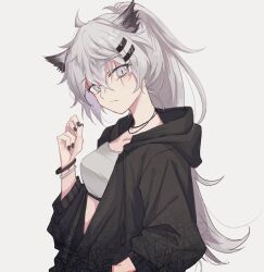 Rule 34 | 1girl, ahoge, alternate costume, animal ear fluff, animal ears, arknights, bandeau, black bracelet, black hood, black hoodie, black nails, bracelet, breasts, choker, closed mouth, crosshatching, expressionless, fingernails, from side, grey eyes, grey hair, hair between eyes, hair ornament, hairclip, hand up, hatching (texture), head tilt, hood, hood down, hoodie, itonatsu, jewelry, lappland (arknights), long hair, long sleeves, looking at viewer, looking to the side, medium breasts, messy hair, midriff peek, nail polish, open clothes, open hoodie, pale skin, partially unzipped, ponytail, scar, scar across eye, scar on face, shadow, simple background, solo, standing, string choker, unzipped, upper body, white background, white bandeau, white bracelet, wolf ears, wolf girl