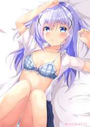 Rule 34 | 1girl, bed sheet, black skirt, blue bra, blue eyes, blush, bra, breasts, cargoodfire, cleavage, collarbone, collared shirt, frilled bra, frills, gochuumon wa usagi desu ka?, hair between eyes, hair ornament, highres, kafuu chino, long hair, lying, on back, open clothes, open shirt, panties, plaid, plaid bra, pleated skirt, shirt, short sleeves, silver hair, skirt, small breasts, solo, triangle mouth, twintails, twitter username, underwear, white panties, white shirt, wing collar, x hair ornament