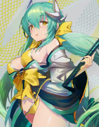 Rule 34 | 1girl, bare shoulders, bikini, blush, bow, breasts, cleavage, dragon girl, dragon horns, fate/grand order, fate (series), green hair, hair between eyes, hair bow, hayama eishi, horns, japanese clothes, kimono, kiyohime (fate), kiyohime (fate/grand order), kiyohime (swimsuit lancer) (fate), kiyohime (swimsuit lancer) (first ascension) (fate), large breasts, long hair, long sleeves, looking at viewer, obi, off shoulder, open mouth, polearm, sash, short kimono, sidelocks, smile, solo, spear, swimsuit, twintails, very long hair, weapon, white kimono, wide sleeves, yellow bikini, yellow bow, yellow eyes