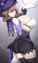 Rule 34 | 1girl, absurdres, ass, black gloves, blush, breasts, brown hair, cleavage, dress, flower, genshin impact, gloves, green eyes, hat, hat flower, highres, huge ass, kyle (kysizzle), large breasts, lisa (genshin impact), long hair, looking at viewer, looking back, purple hat, smile, solo, thighhighs, thighs, tongue, tongue out, witch hat
