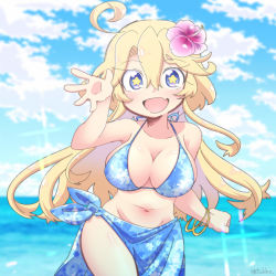 Rule 34 | 1girl, ahoge, bikini, blonde hair, blue eyes, breasts, cleavage, commentary request, flower, hair between eyes, hair flower, hair ornament, iowa (kancolle), kantai collection, large breasts, long hair, looking at viewer, navel, open mouth, smile, solo, star-shaped pupils, star (symbol), swimsuit, symbol-shaped pupils, tsukko (3ki2ne10)