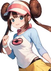 Rule 34 | 1girl, baozi 9527, blue eyes, blush, bow, breasts, brown hair, commentary request, creatures (company), double bun, doughnut hair bun, eyelashes, game freak, hair bun, hand up, highres, medium breasts, nintendo, open mouth, pink bow, pokemon, pokemon bw2, raglan sleeves, rosa (pokemon), shirt, shorts, simple background, sleeves past elbows, smile, solo, twintails, visor cap, white background, yellow shorts