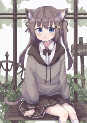 Rule 34 | 1girl, :c, absurdres, animal ear fluff, animal ears, arms at sides, bench, black bow, black bowtie, black skirt, blue eyes, blush, bow, bowtie, brown hair, cat ears, cat girl, cat tail, center frills, collared shirt, colon br, drawstring, feet out of frame, fence, frilled shirt, frilled skirt, frills, grey hoodie, hair between eyes, highres, hood, hood down, hoodie, kneehighs, looking at viewer, open mouth, original, pleated skirt, raised eyebrows, shirt, sidelocks, signpost, sitting, skirt, socks, solo, tail, two side up, white shirt, white socks