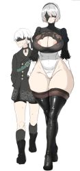 Rule 34 | 1boy, 1girl, areola slip, cleavage cutout, clothing cutout, large areolae, nier (series), nier:automata, simple background, tall female, thick thighs, thighhighs, thighs, walking, wavy mouth, white background, white hair, wide hips, xiangzi box, 2b (nier:automata), 9s (nier:automata)