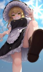 Rule 34 | 1girl, :d, apron, backlighting, bare legs, black dress, blonde hair, blue sky, blurry, boots, braid, breasts, brown footwear, cloud, commentary request, depth of field, dress, fingernails, frilled dress, frills, from below, grin, hair between eyes, hat, highres, kirisame marisa, leg up, light blush, long hair, looking at viewer, looking down, medium breasts, open mouth, outdoors, palms, short sleeves, side braid, single braid, sky, smile, solo, sun, touhou, waist apron, witch hat, yellow eyes, yosshy