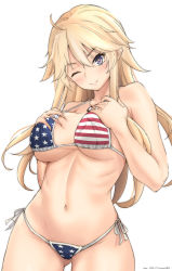 Rule 34 | 1girl, 2020, ;), ahoge, american flag bikini, bare shoulders, bikini, blonde hair, blue eyes, breasts, character name, cleavage, covered erect nipples, dated, female focus, flag print, gluteal fold, hair between eyes, highres, iowa (kancolle), kantai collection, large breasts, long hair, looking at viewer, midriff, navel, one eye closed, side-tie bikini bottom, simple background, smile, solo, star-shaped pupils, star (symbol), swimsuit, symbol-shaped pupils, thighhighs, timato, twitter username, underboob, white background, wink