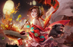 Rule 34 | 1girl, antilous, artist name, bare shoulders, blue eyes, bracelet, brown hair, chinese clothes, chinese zodiac, chopsticks, coca-cola, commentary, cooking, corn, food, hair ornament, holding, holding chopsticks, jewelry, lantern, long hair, looking at viewer, looking back, open mouth, original, paper lantern, pig, scroll, shrimp, solo, wok, year of the pig