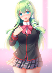 Rule 34 | 1girl, black jacket, black skirt, blue eyes, blurry, blurry background, blush, bow, bowtie, breasts, buttons, collared jacket, collared shirt, cosplay, frog hair ornament, green hair, grey skirt, hair between eyes, hair ornament, hair tubes, hand on own chest, hand up, jacket, kochiya sanae, large breasts, little busters!, long hair, long sleeves, looking away, miniskirt, multicolored clothes, multicolored skirt, naoe riki, naoe riki (cosplay), open mouth, pink background, pink bow, pink bowtie, pink skirt, plaid, plaid skirt, shirt, skirt, snake hair ornament, solo, tokyo yamane, tongue, touhou, white background, white shirt, window