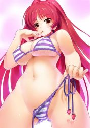 Rule 34 | 1girl, bikini, breasts, finger to mouth, from below, imaoka, kousaka tamaki, large breasts, long hair, looking at viewer, naughty face, one-piece swimsuit, red hair, simple background, solo, striped bikini, striped clothes, striped one-piece swimsuit, swimsuit, to heart (series), to heart 2, untied, untied bikini, yellow eyes