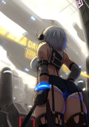 Rule 34 | 1girl, ass, bag, bare shoulders, black gloves, black thighhighs, breasts, cityscape, commentary request, crop top, cutoffs, fingernails, from behind, from below, garter straps, gloves, holding, holding bag, large breasts, maku ro, medium hair, original, science fiction, short shorts, shorts, silver hair, tank top, thighhighs, thighs, white tank top, wrist cuffs