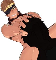 Rule 34 | 2boys, bara, bare pectorals, blonde hair, bottomless, chest belt, cowboy shot, dutch angle, eloseu (haribochase), erection, facial hair, facial scar, from below, goatee, green eyes, grin, gyee, hand on another&#039;s head, head grab, highres, implied fellatio, leg belt, male focus, mask lift, mature male, multiple boys, muscular, muscular male, navel, nipples, original, outstretched hand, pectorals, penis, reaching, reaching towards viewer, romg, scar, scar across eye, scar on cheek, scar on face, short hair, sideburns, silhouette, sleep mask, smile, solo focus, stomach, stomach tattoo, tattoo, thick eyebrows, thick thighs, thighs, undercut, yaoi