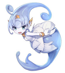 Rule 34 | 1girl, absurdres, ahoge, blue hair, blue skin, blue theme, colored skin, ever oasis, full body, highres, isuna (ever oasis), looking at viewer, mermaid, monster girl, nintendo, official art, pointy ears, shizuma yoshinori, simple background, solo, white background