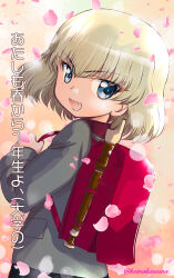 Rule 34 | 1girl, alternate costume, backpack, bag, blonde hair, blue eyes, blurry, bob cut, bokeh, cherry blossoms, commentary, depth of field, fang, flute, from side, girls und panzer, grey jacket, instrument, jacket, katyusha (girls und panzer), long sleeves, looking at viewer, nakasawa kei, open mouth, randoseru, recorder, short hair, smile, solo, standing, translated, twitter username