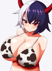 Rule 34 | 1girl, animal ears, animal print, bikini, breasts, cow ears, cow horns, cow print, cow tail, from above, gero zoukin, grey background, highres, horns, huge breasts, multicolored hair, red eyes, short hair, smile, solo, swimsuit, tail, touhou, ushizaki urumi