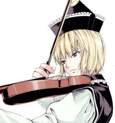 Rule 34 | 1girl, bad id, bad pixiv id, blonde hair, bow (music), crescent, female focus, fingernails, hat, instrument, kyuu umi, lunasa prismriver, shirt, short hair, simple background, solo, staring, touhou, vest, violin, white background, yellow eyes