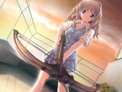Rule 34 | 1girl, blonde hair, bow (weapon), brown eyes, cross channel, crossbow, dutch angle, game cg, long hair, matsuryuu, pleated skirt, rooftop, school uniform, skirt, solo, sunset, weapon, yamanobe miki