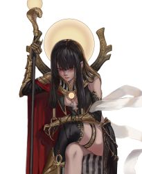 Rule 34 | 1girl, absurdres, ankh, arm on knee, arm up, armor, black hair, breast cutout, cape, commission, egyptian, egyptian mythology, gauntlets, gold can, highres, holding, holding staff, crossed legs, long hair, mole, mole under eye, original, parted lips, red eyes, sekhmet, shoulder armor, single thighhigh, sitting, solo, staff, thighhighs