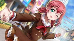 Rule 34 | alternate hairstyle, artist name, birthday, blush, character name, checkered clothes, checkered skirt, collarbone, commentary request, dated, english text, green eyes, hair ornament, happy birthday, heart, heart hair ornament, highres, holding hands, kurosawa ruby, long sleeves, looking at viewer, love live!, love live! school idol festival, love live! sunshine!!, miniskirt, one eye closed, red hair, school uniform, short hair, short twintails, sidelocks, skirt, twintails, xiaoxin041590