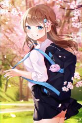 Rule 34 | 1girl, absurdres, bag, bag charm, black bow, black skirt, blue eyes, blue nails, blurry, blurry background, blurry foreground, blush, bow, branch, breasts, brown hair, charm (object), cherry blossoms, collared shirt, commentary, day, depth of field, floating hair, flower, grin, hair bun, hair flower, hair ornament, highres, long hair, looking at viewer, looking to the side, medium breasts, nail polish, original, outdoors, pink flower, pleated skirt, reel (riru), school bag, school uniform, shell hair ornament, shirt, side bun, single hair bun, single side bun, skirt, smile, solo, striped, striped bow, white shirt
