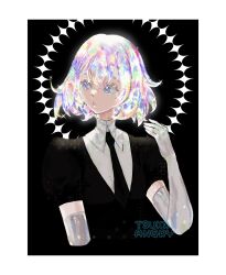 Rule 34 | 1other, androgynous, black shirt, bob cut, collared shirt, colored eyelashes, crystal hair, diamond (houseki no kuni), elbow gloves, framed, gem uniform (houseki no kuni), gloves, glowing, glowing hair, high collar, highres, houseki no kuni, looking to the side, multicolored hair, necktie, other focus, parted lips, puffy short sleeves, puffy sleeves, shirt, short hair, short sleeves, solo, ttsukixangry, white gloves, white shirt, wing collar