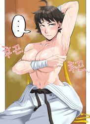 Rule 34 | ..., 1girl, areola slip, arm behind head, arm up, armpits, belt, black belt, black hair, blush, breast suppress, breasts, cleavage, clothes around waist, covering nipples, covering privates, dougi, grey eyes, highres, large breasts, makoto (street fighter), martial arts belt, mole, mole on armpit, navel, presenting armpit, ribbon, short hair, sitting, solo, spoken ellipsis, steaming body, street fighter, street fighter iii (series), sweat, tomboy, toned, topless, very sweaty, won0225, wrist wrap, yellow ribbon