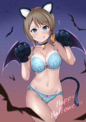 Rule 34 | 1girl, :q, animal ears, animal hands, bare arms, bare shoulders, bat (animal), bat wings, bell, black wings, blue bra, blue choker, blue eyes, blue panties, blurry, blush, bow, bow bra, bow panties, bra, breasts, brown hair, cat ears, cat tail, choker, cleavage, closed mouth, collarbone, cowboy shot, depth of field, fake animal ears, fake tail, gloves, gradient background, halloween, happy halloween, jingle bell, lace, lace-trimmed bra, lace-trimmed panties, lace trim, love live!, love live! sunshine!!, medium breasts, navel, neck bell, panties, paw gloves, purple background, reminiscence202, short hair, smile, solo, stomach, swept bangs, tail, thighs, tongue, tongue out, translation request, underwear, underwear only, v-shaped eyebrows, watanabe you, wings