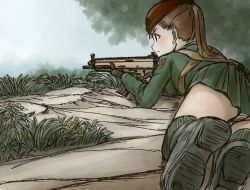 Rule 34 | 1girl, beret, boots, brown hair, emblem, grass, grey sky, gun, hat, highres, holding, holding gun, holding weapon, kageng, lying, military, on stomach, original, ponytail, sky, solo, submachine gun, weapon