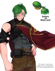 Rule 34 | 1boy, ahoge, arm pouch, arm strap, belt, belt pouch, black pouch, black shirt, black straps, brown pants, capelet, caplet, character name, clenched hand, commentary request, cowboy shot, dimples, food, fruit, furrowed brow, gold trim, green hair, hand on own hip, highres, humanization, layered clothes, layered shirt, looking to the side, male focus, melon, melon-pult, muscular, muscular arms, muscular male, pants, personification, plants vs zombies, pouch, red capelet, scar, scar across the face, scar on chest, scar on face, scar on forehead, scar on nose, shirt, short hair, simple background, skin tight, skin tight clothing, sleeveless, smile, strap, tagme, tank top, teeth, toned, toned male, toned stomach, turtleneck, turtleneck shirt, watermelon, white background, white eyes