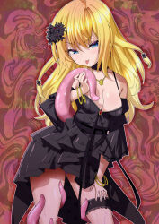 1girl absurdres altea_aquila_(jain_no_ikenie) black_dress blonde_hair blue_eyes blush breasts cleavage collarbone dress flower hair_flower hair_ornament highres jain_no_ikenie jewelry large_breasts long_hair looking_at_viewer panties pendant purple_panties saliva solo tentacle_grab tentacles toku_sonchou tongue tongue_out underwear