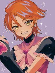 Rule 34 | 1girl, absurdres, bow, bowtie, brooch, clenched teeth, commentary, cure black, earrings, futari wa precure, hair between eyes, heart, heart brooch, heart earrings, highres, jewelry, looking at viewer, magical girl, misumi nagisa, orange eyes, orange hair, outline, pink bow, pink bowtie, precure, purple background, short hair, short sleeves, smile, solo, sparkle, teeth, tomboy, tsukuno tsuki, upper body, white outline