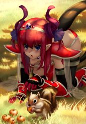Rule 34 | 10s, :o, all fours, armor, bikini armor, blue eyes, blush, boots, breasts, elbow gloves, elizabeth bathory (brave) (fate), elizabeth bathory (fate), elizabeth bathory (fate/extra ccc), fate/extra, fate/extra ccc, fate/grand order, fate (series), gauntlets, gloves, grass, hanging breasts, horns, loose bikini, nipples, pauldrons, pointy ears, pumpkin, red armor, see-through, shoulder armor, squirrel, tail, thighhighs, yumeki
