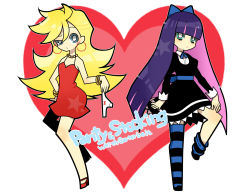 Rule 34 | 10s, 2girls, airi (spacepilot), black dress, blonde hair, bow, dress, heart, jewelry, long hair, maaya (artist), multicolored hair, multiple girls, panties, panty &amp; stocking with garterbelt, panty (psg), red dress, red skirt, siblings, sisters, skirt, stocking (psg), striped clothes, striped thighhighs, thighhighs, two-tone hair, underwear
