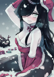 Rule 34 | 1girl, animal, aria wintermint, black hair, black pantyhose, box, breasts, breath, candy, candy cane, christmas, cleavage, crying, crying with eyes open, dress, food, frown, gift, gift box, gloves, green hair, hair over one eye, hat, large breasts, long hair, looking at viewer, mistletoe, open mouth, pantyhose, parororo, santa dress, santa hat, scarf, sitting, snow, solo, tears, the crawling city, torn clothes, torn pantyhose