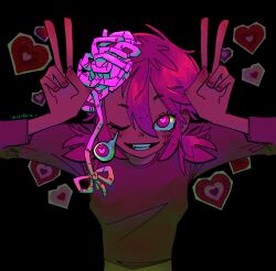 Rule 34 | 1girl, absurdres, black background, chainsaw man, cosmo (chainsaw man), dangling eye, double v, exposed brain, hair ribbon, heart, heart-shaped pupils, highres, looking at viewer, parted lips, pink eyes, pink hair, pink theme, ribbon, short hair, simple background, smile, solo, symbol-shaped pupils, twitter username, v, v3rdure
