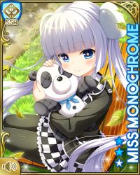 Rule 34 | 1girl, belt, black jacket, blue eyes, blunt bangs, card, character name, checker pattern, closed mouth, day, doll, hugging doll, girlfriend (kari), jacket, miss monochrome, miss monochrome (character), hugging object, official art, outdoors, qp:flapper, shirt, sitting, skirt, smile, solo, stuffed animal, stuffed panda, stuffed toy, tagme, thighhighs, twintails, white footwear, white hair, white shirt