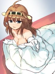 Rule 34 | ahoge, alternate costume, breasts, brown hair, cleavage, dress, elbow gloves, gloves, hairband, hikoukeiro, kantai collection, kongou (kancolle), long hair, medium breasts, solo, strapless, strapless dress, wedding dress, white gloves
