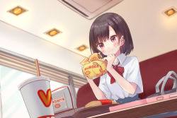Rule 34 | 1girl, amagasa nadame, bag, black hair, blue skirt, blush, bow, brand name imitation, breasts, brown eyes, burger, closed mouth, collared shirt, commentary request, cross, cross earrings, cup, disposable cup, drinking straw, ear piercing, earrings, employee uniform, fast food uniform, food, food on face, french fries, holding, holding food, indoors, jewelry, mcdonald&#039;s, original, piercing, pleated skirt, red bow, school bag, school uniform, shirt, short sleeves, sitting, skirt, small breasts, solo, table, uniform, white shirt, window