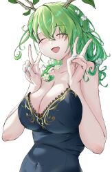 Rule 34 | 1girl, :d, antlers, bare shoulders, breasts, ceres fauna, ceres fauna (1st costume), cleavage, closed eyes, covered navel, double v, dress, green hair, green nails, happy, hashtag-only commentary, hololive, hololive english, horns, immoralmouse, large breasts, long hair, mole, mole under eye, nail polish, open mouth, simple background, smile, solo, upper body, v, virtual youtuber, white background