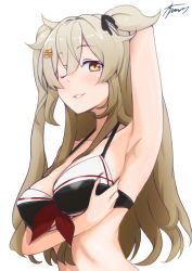 Rule 34 | 1girl, adapted costume, arm up, armpits, ayuman, bikini, black bikini, brown eyes, commentary request, gradient hair, highres, kantai collection, light brown hair, long hair, looking at viewer, multicolored hair, murasame (kancolle), murasame kai ni (kancolle), one eye closed, solo, swimsuit, two side up, upper body