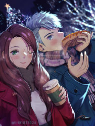 Rule 34 | 1boy, 1girl, ;), alternate costume, blue coat, blurry, blurry background, blush, brown hair, caspar von bergliez, christmas, christmas tree, closed mouth, coat, dorothea arnault, earrings, fire emblem, fire emblem: three houses, food, green eyes, grey eyes, grey hair, highres, holding, holding food, hot dog, jewelry, kh (tanakananataka), long hair, looking at viewer, nintendo, one eye closed, open clothes, open coat, plaid, plaid scarf, red coat, scarf, short hair, smile, twitter username, white scarf, winter, winter clothes, winter coat