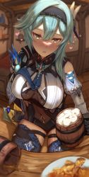 Rule 34 | 1girl, alcohol, beer, belt, black gloves, black hairband, black leotard, black thighhighs, blue cape, blue hair, blush, breasts, cape, chicken (food), chicken leg, cup, drunk, eula (genshin impact), food, fried chicken, genshin impact, gloves, hair ornament, hairband, heart, highres, ippers, large breasts, leotard, long sleeves, medium hair, mug, necktie, open mouth, plate, purple eyes, shirt, sidelocks, solo, squeans, table, thighhighs, thighs, underbust, vision (genshin impact), white shirt