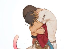 Rule 34 | !, 2boys, adventurer (ff14), asymmetrical clothes, blue skin, blush, brown hair, cat tail, colored skin, cross-laced clothes, cross-laced sleeves, cross scar, ffxivys, final fantasy, final fantasy xiv, flying sweatdrops, from side, g&#039;raha tia, hand on another&#039;s arm, hood, hood up, hug, male focus, miqo&#039;te, multicolored skin, multiple boys, scar, scar on arm, short sleeves, simple background, spikes, tail, upper body, warrior of light (ff14), white background