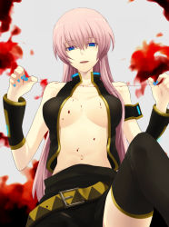 Rule 34 | 1girl, armband, bad id, bad pixiv id, belt, black thighhighs, blood, blue eyes, blue nails, breasts, detached sleeves, dripping, empty eyes, harano, highres, large breasts, long hair, megurine luka, midriff, nail polish, navel, open clothes, open shirt, pink hair, shirt, sideboob, skirt, smile, solo, string, string of fate, thighhighs, vocaloid, yandere
