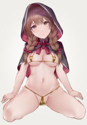 Rule 34 | 1girl, bikini, black capelet, blush, braid, breasts, brown eyes, brown hair, capelet, closed mouth, gold bikini, grey background, groin, highres, hood, hooded capelet, interstellar, kantai collection, large breasts, long hair, looking at viewer, navel, red ribbon, ribbon, shinshuu maru (kancolle), simple background, solo, spread legs, swimsuit, twin braids