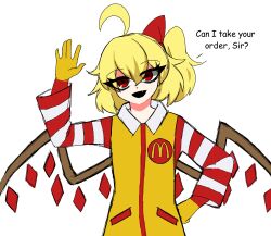 Rule 34 | 1girl, ahoge, blonde hair, cosplay, embodiment of scarlet devil, english text, fang, flandre scarlet, gloves, hand on own hip, highres, mcdonald&#039;s, open mouth, red eyes, ribbon, ronald mcdonald, ronald mcdonald (cosplay), sakamuotoo, short hair, side ponytail, simple background, smile, solo, striped, striped sleeves, touhou, upper body, waving, white background, wings