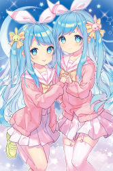 Rule 34 | :p, blue eyes, blue hair, blush, bow, bowtie, cardigan, closed mouth, cona kinaco, fingernails, garter straps, green footwear, hair bow, hair ornament, hair ribbon, highres, holding hands, interlocked fingers, kneehighs, loafers, long hair, long sleeves, near (sound voltex), noah (sound voltex), one side up, open cardigan, open clothes, pink cardigan, pink legwear, pleated skirt, purple skirt, rabbit hair ornament, ribbon, sailor collar, school uniform, serafuku, shoes, siblings, sisters, skirt, sleeves past wrists, smile, socks, sound voltex, sound voltex ii infinite infection, standing, standing on one leg, star (symbol), thick eyebrows, thighhighs, tongue, tongue out, twins, very long hair, white ribbon, white sailor collar, yellow bow, yellow neckwear