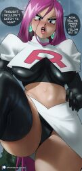 Rule 34 | 1girl, absurdres, black gloves, black panties, blush, breasts, cloud, cloudy sky, creatures (company), crop top, earrings, echo saber, elbow gloves, english text, game freak, gloves, highres, jessie (pokemon), jewelry, large breasts, lips, lipstick, long hair, looking at viewer, makeup, midriff, navel, nintendo, nose blush, open mouth, outdoors, panties, pokemon, pokemon (anime), pokemon (classic anime), purple hair, rain, skirt, sky, solo, speech bubble, tree, underwear, very long hair, wet, wet hair, white skirt