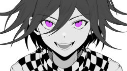 Rule 34 | 1boy, checkered clothes, checkered scarf, commentary request, danganronpa (series), danganronpa v3: killing harmony, ewa (seraphhuiyu), grin, hair between eyes, highres, looking at viewer, male focus, open mouth, oma kokichi, pink eyes, portrait, purple eyes, purple hair, scarf, short hair, smile, solo, spot color, teeth, upper body